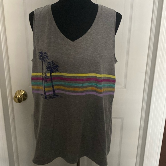 Sonoma Heather Gray Sleeveless Shirt Tank Top Blue Palm Trees Colored Stripes L - Picture 1 of 6
